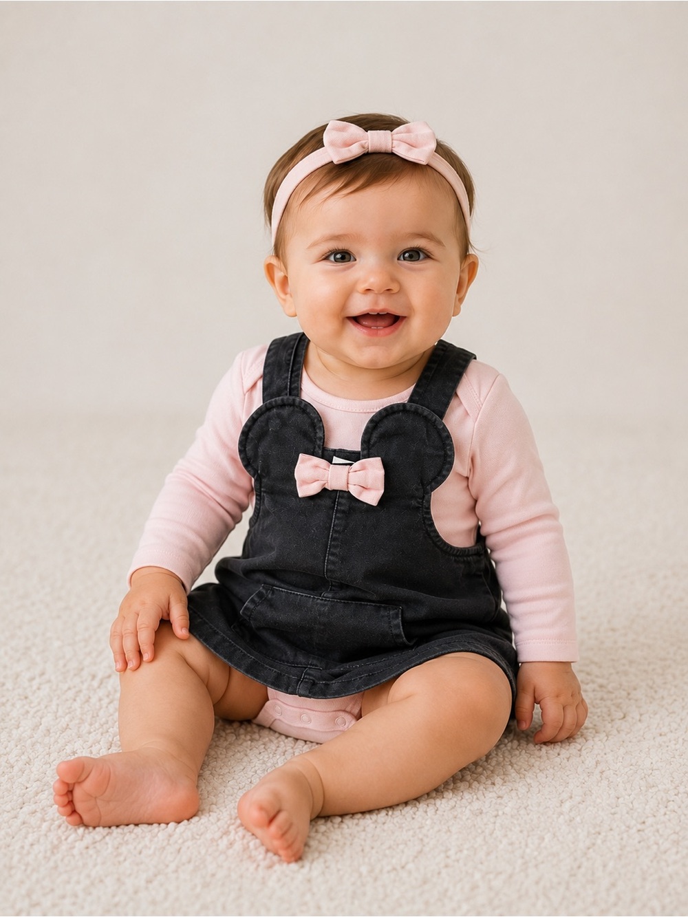 3/$25 Disney Minnie Mouse Black Pinafore Jumper Dress Pink Bow Baby Girls 9-12